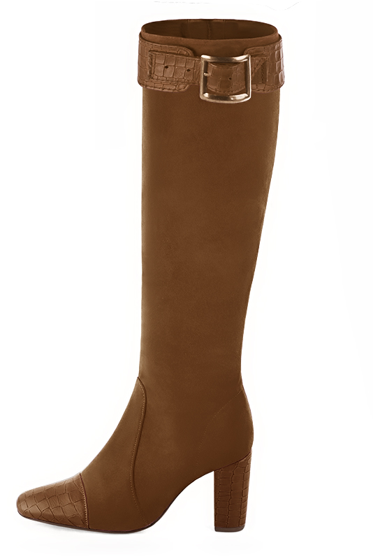 Caramel brown women's feminine knee-high boots. Round toe. High block heels. Made to measure. Worn view - Florence KOOIJMAN